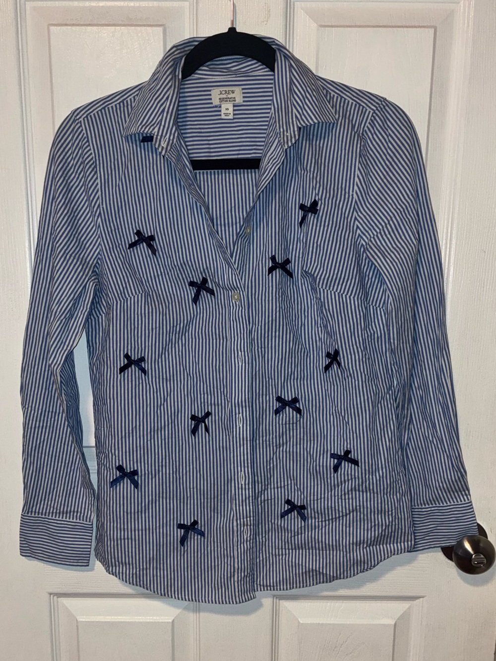 J. Crew Light Blue Pinstripe Button-Down Shirt with Navy Bow Embellishments - Picture 2 of 3